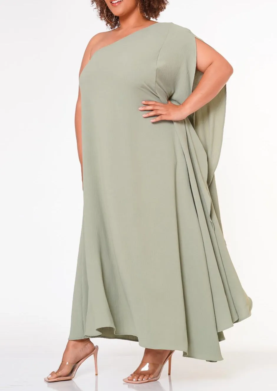 Hi Curvy Plus Size Women One Shoulder Maxi Flare Dress