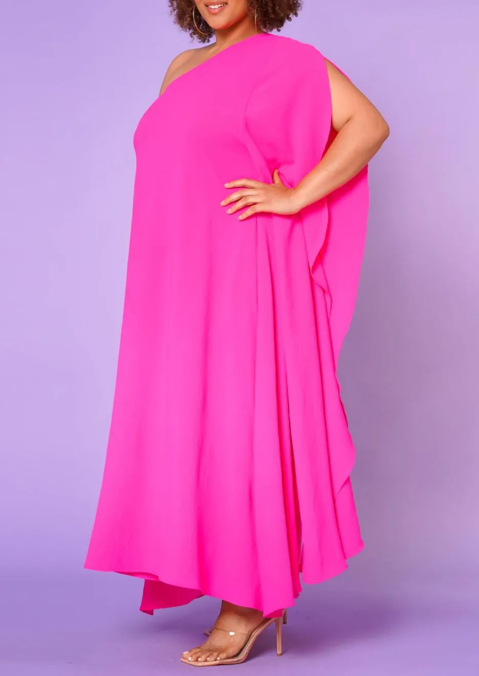 Hi Curvy Plus Size Women One Shoulder Maxi Flare Dress