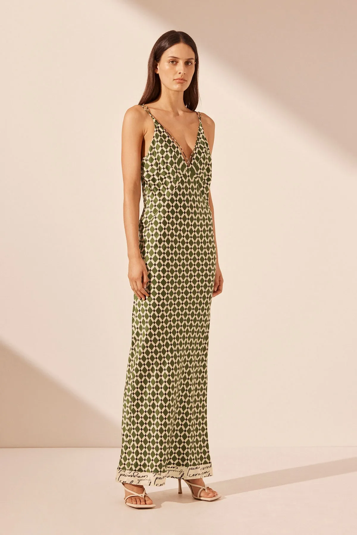 KAHLO SILK CONTRAST CROSS STRAP MAXI DRESS