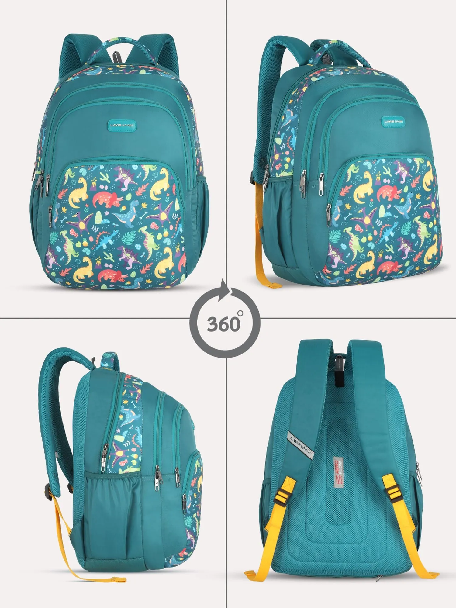 Lavie Sport Dino 39L Printed School Unisex Backpack with Rain cover for Boys/Girls Teal