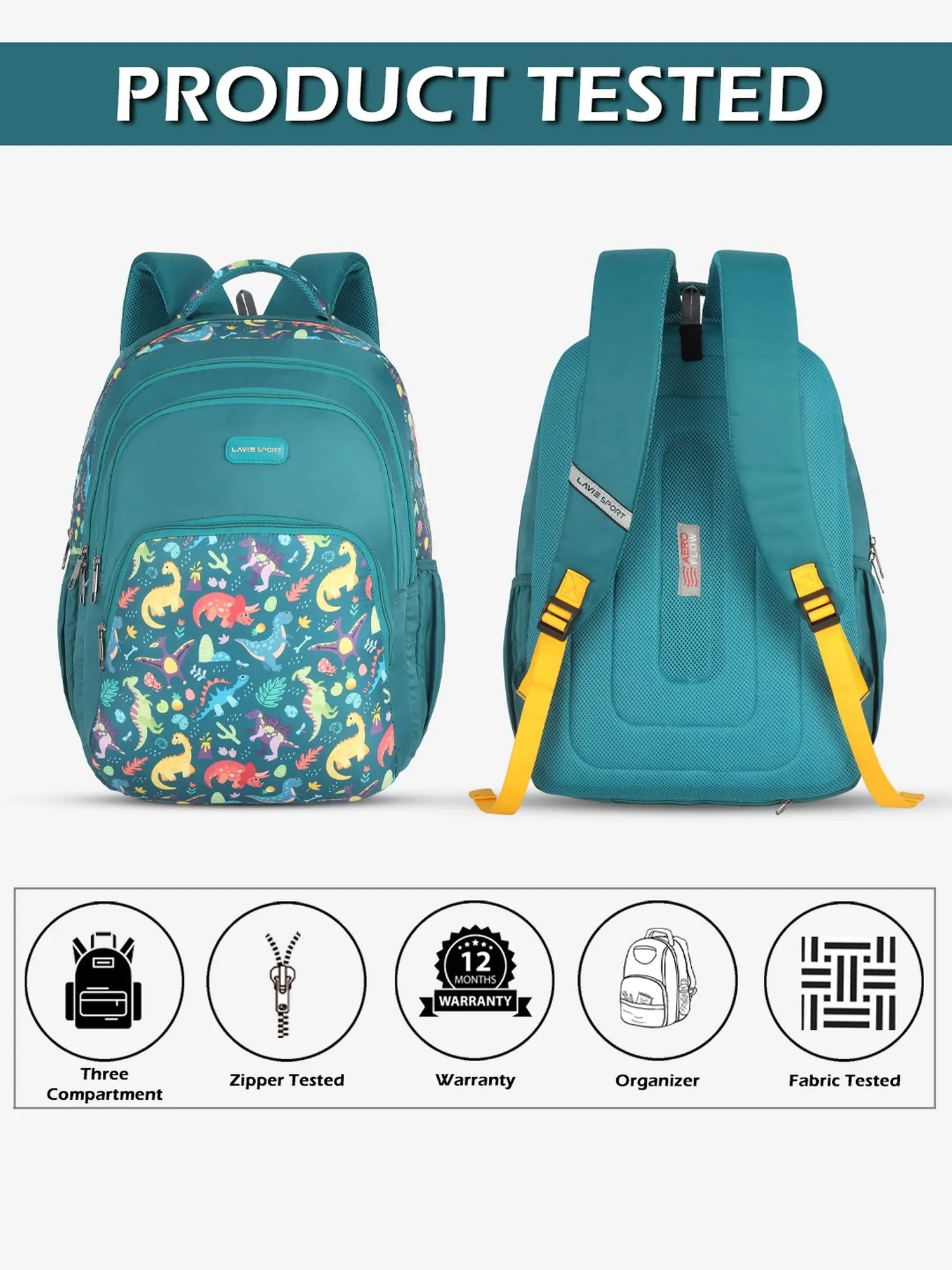 Lavie Sport Dino 39L Printed School Unisex Backpack with Rain cover for Boys/Girls Teal