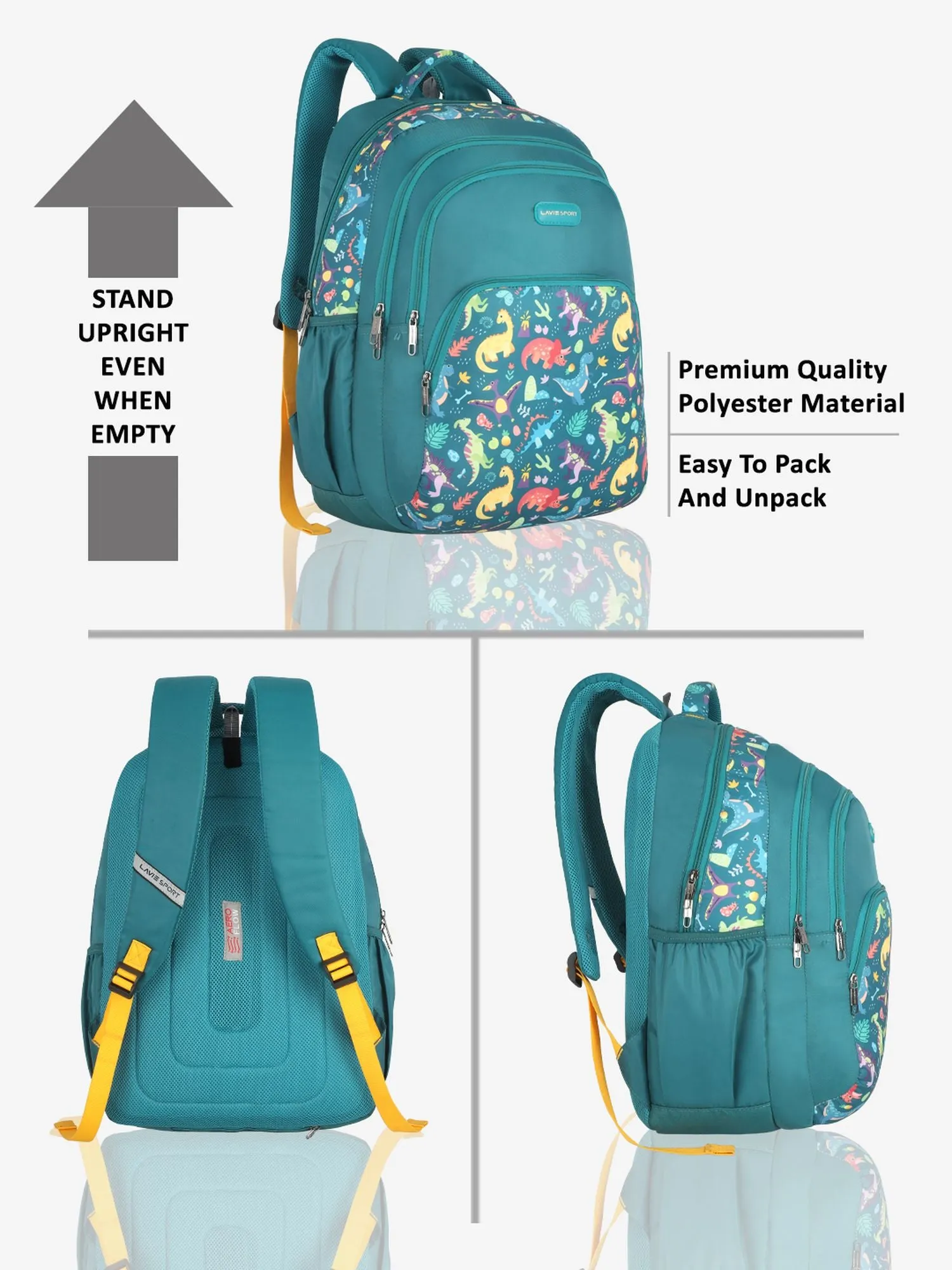 Lavie Sport Dino 39L Printed School Unisex Backpack with Rain cover for Boys/Girls Teal