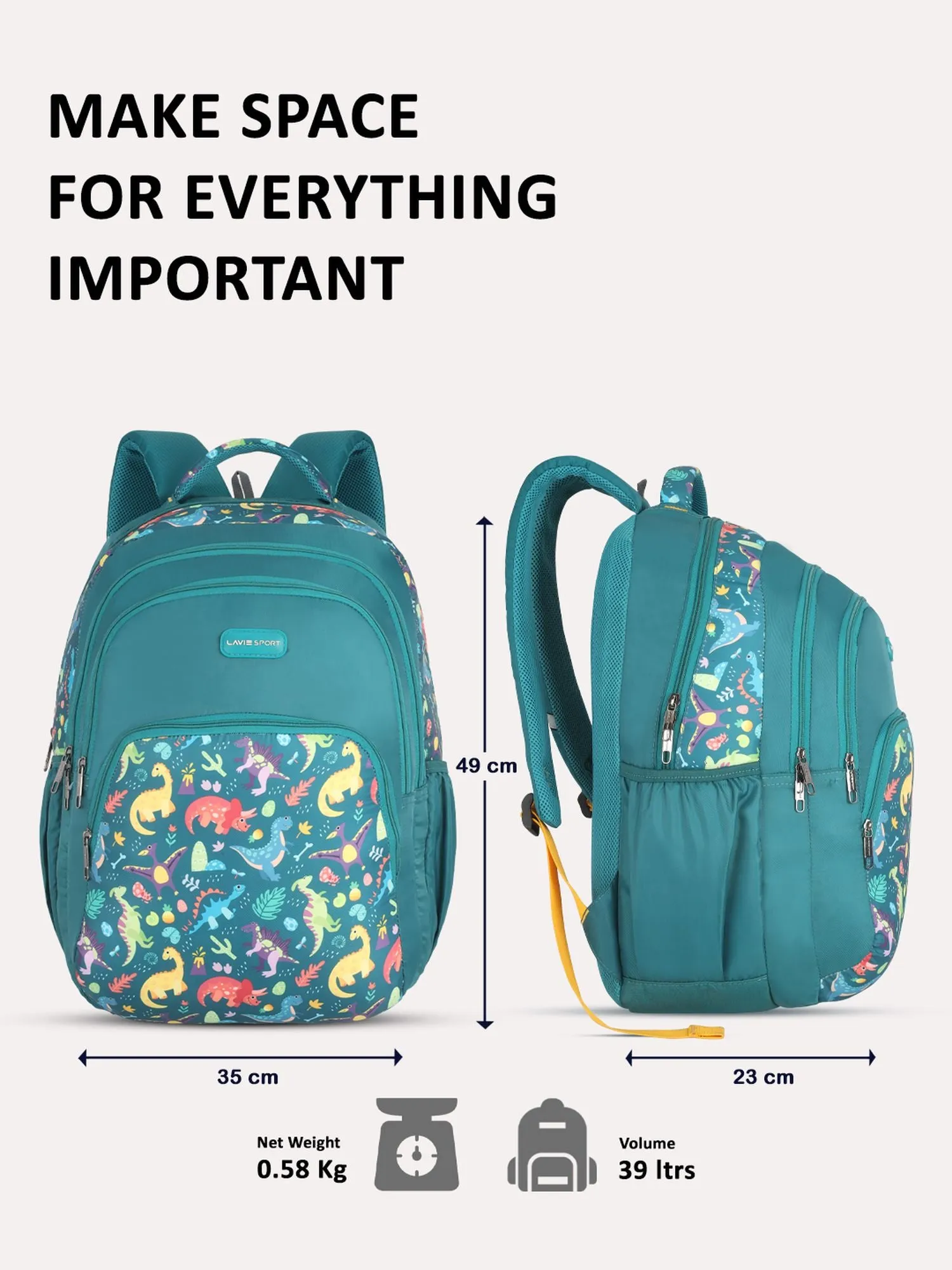 Lavie Sport Dino 39L Printed School Unisex Backpack with Rain cover for Boys/Girls Teal