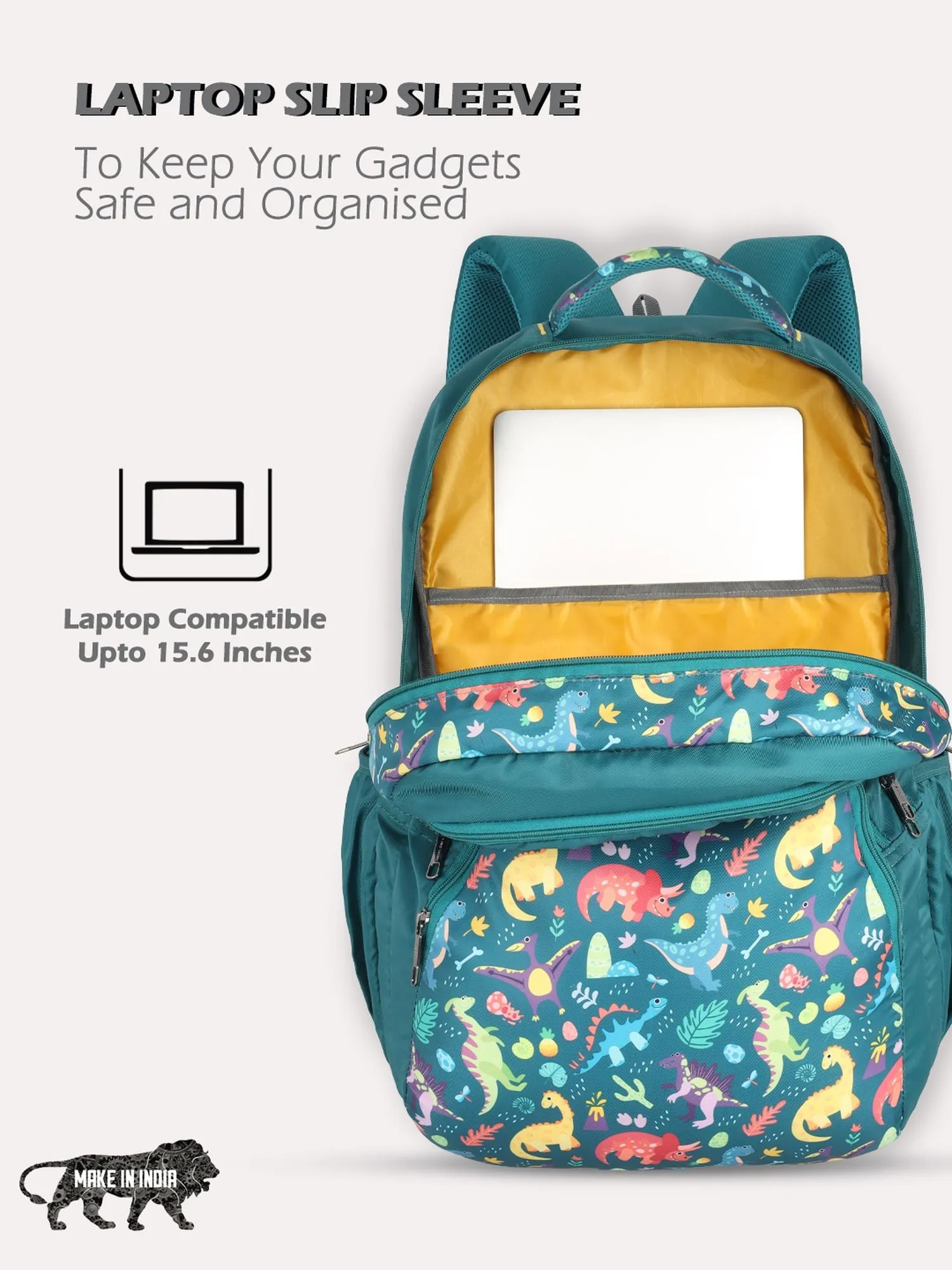 Lavie Sport Dino 39L Printed School Unisex Backpack with Rain cover for Boys/Girls Teal