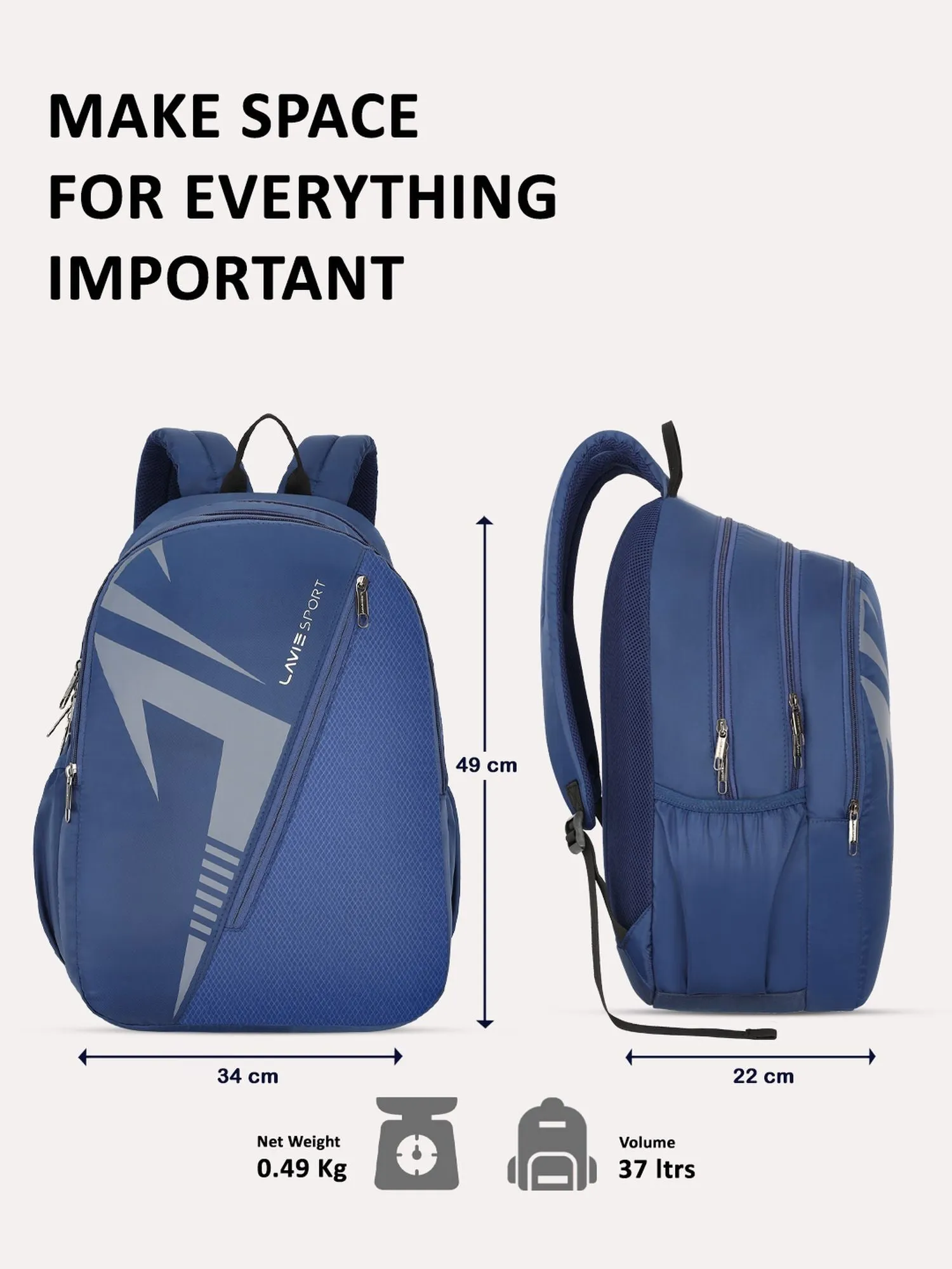 Lavie Sport Tribal 37L College Bag For Boys & Girls|Backpack For Men & Women Navy