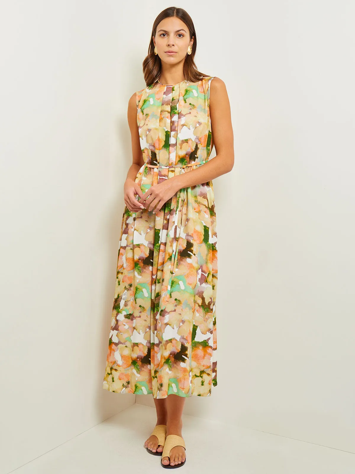 Maxi Shift Dress - Pleated Watercolor Woven