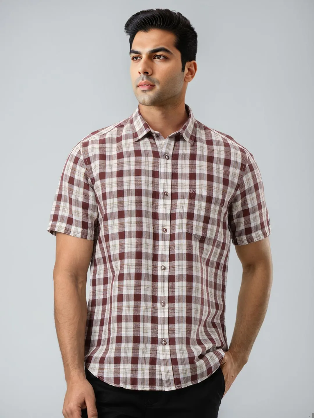 Men Checked Half Sleeve Linen Blend Shirt