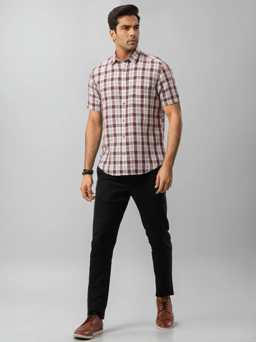 Men Checked Half Sleeve Linen Blend Shirt