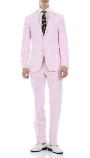 MEN'S 2PC SUMMER SEERSUCKER SLIM FIT SUIT IN PINK PINSTRIPE