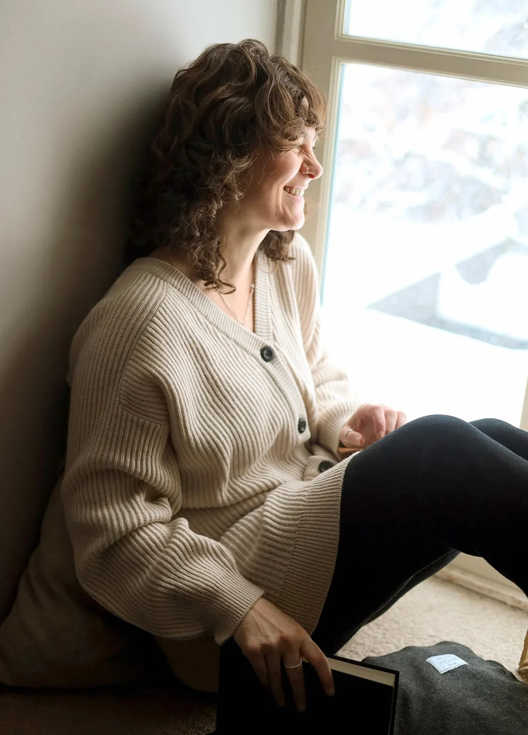 Merino Rib Cardigan in White Almond