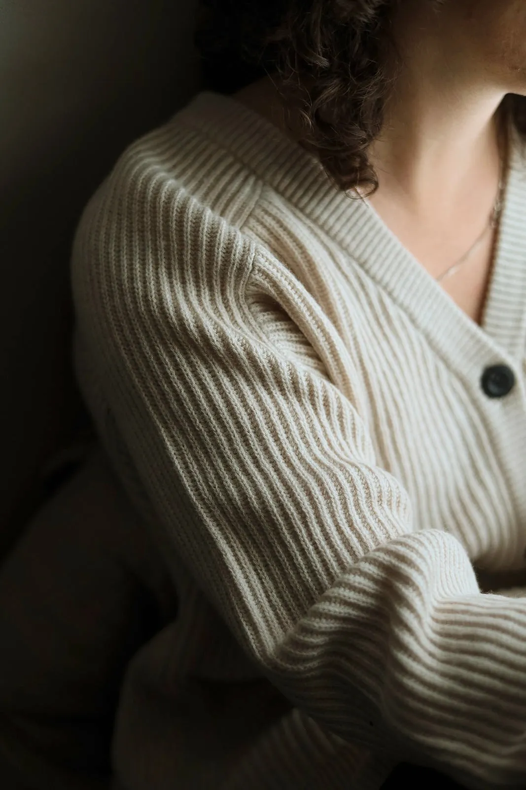 Merino Rib Cardigan in White Almond