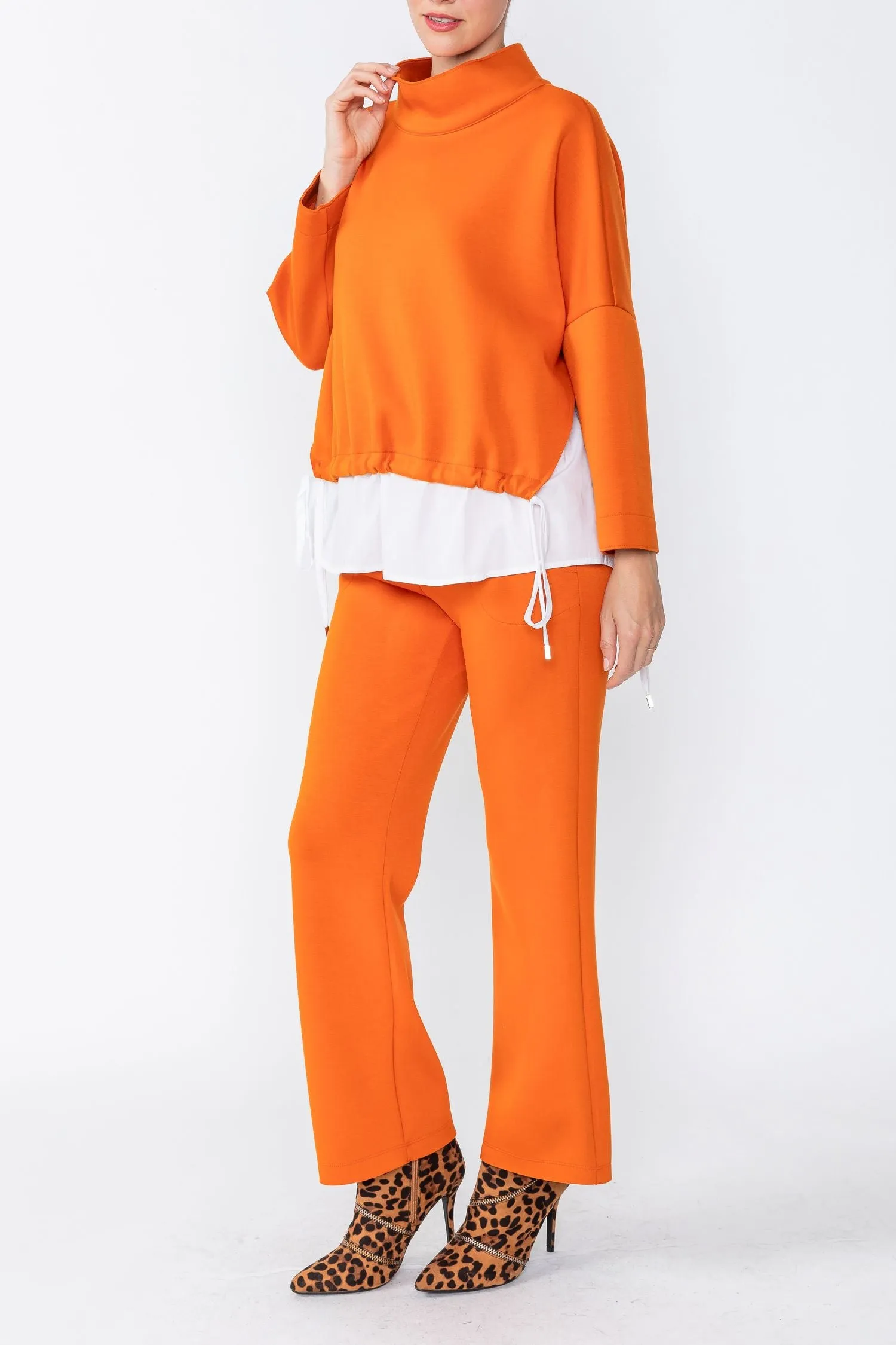 Orange High Stand Collar & Shirts Tail Layer Top