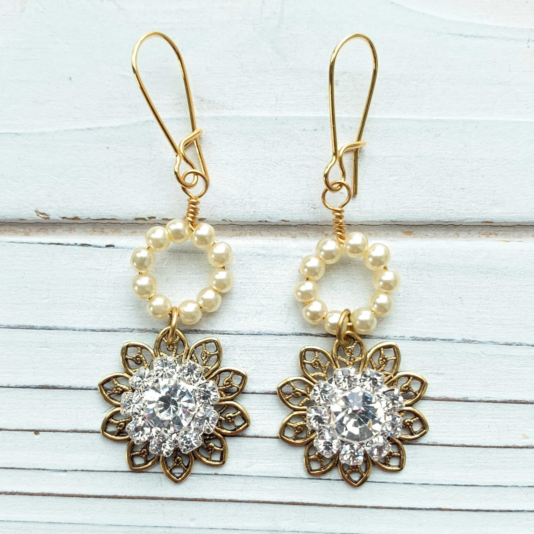 Pearl and Rhinestone Floral Earrings