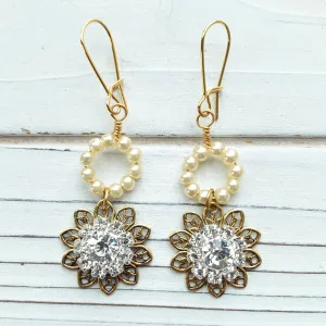 Pearl and Rhinestone Floral Earrings