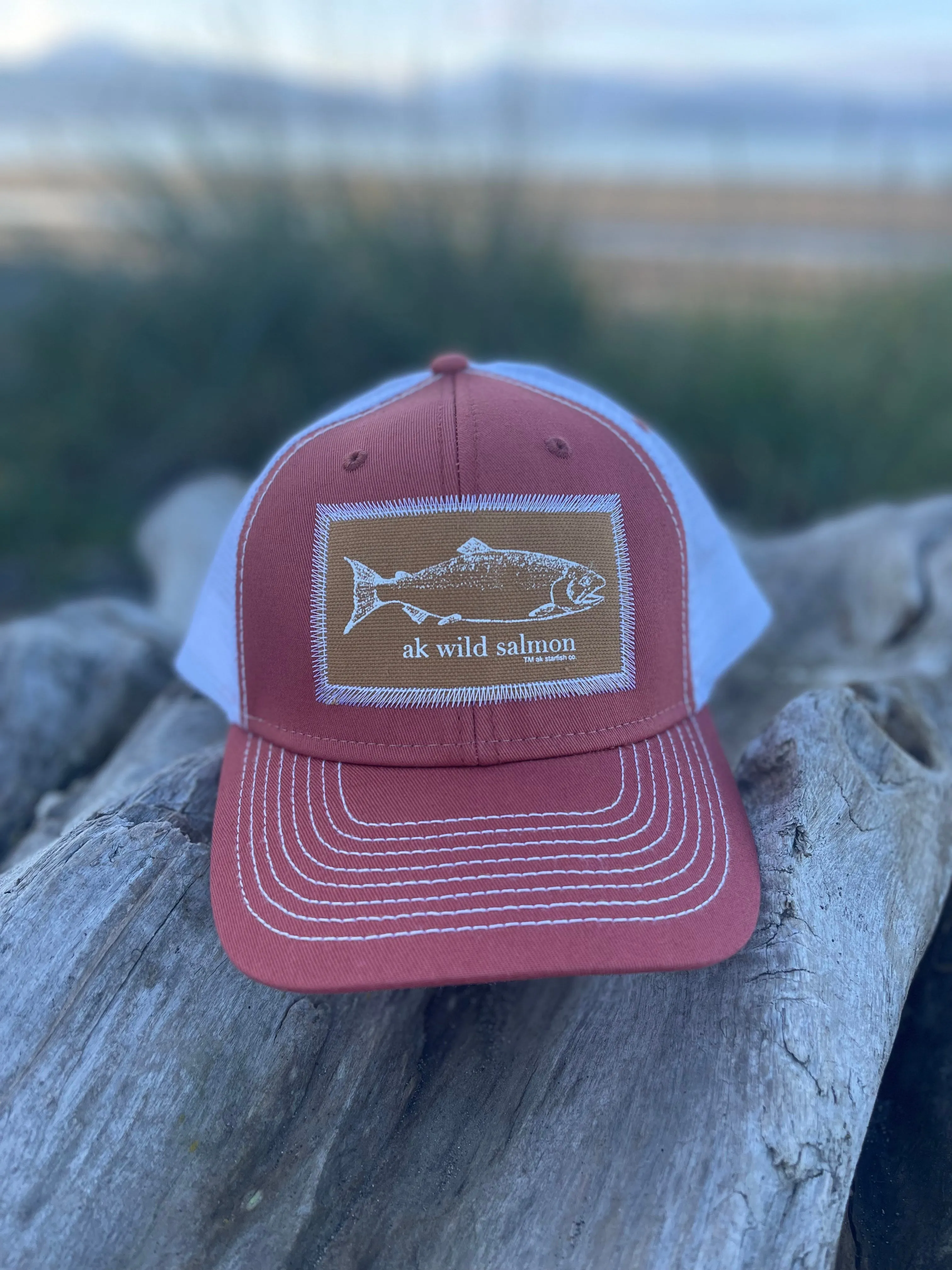 Salmonberry / White AK Wild Salmon Patch Hat. $38.00