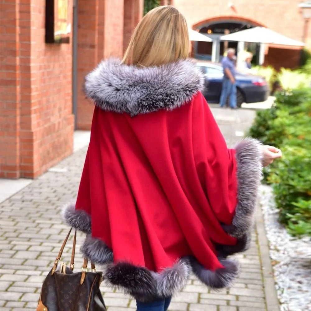 Silver Fox Fur Trimmed Cape - Luxurious Fashion-Forward Design