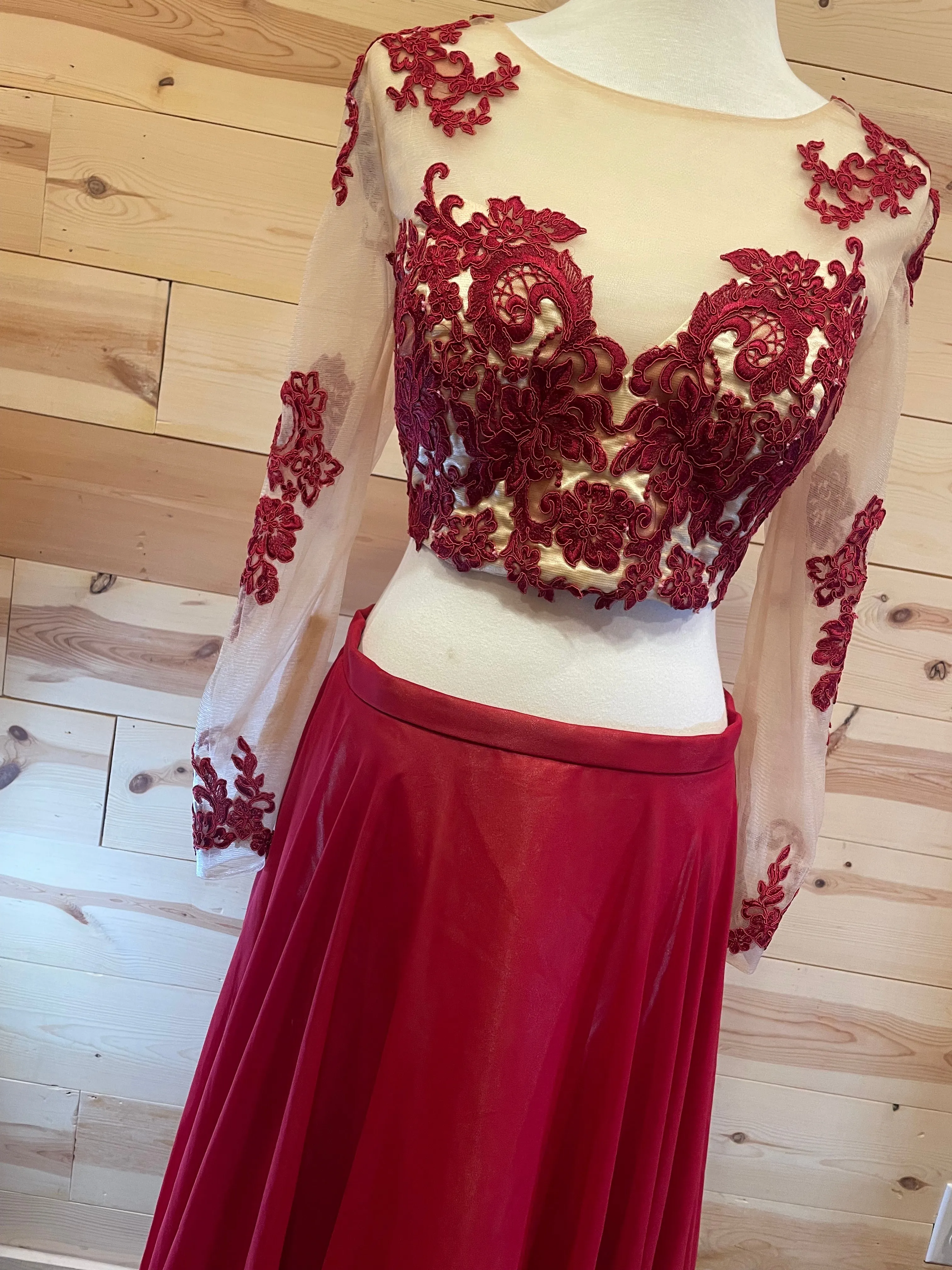 Sparkle Two Piece Red & Nude Long Dress Lace Size 16