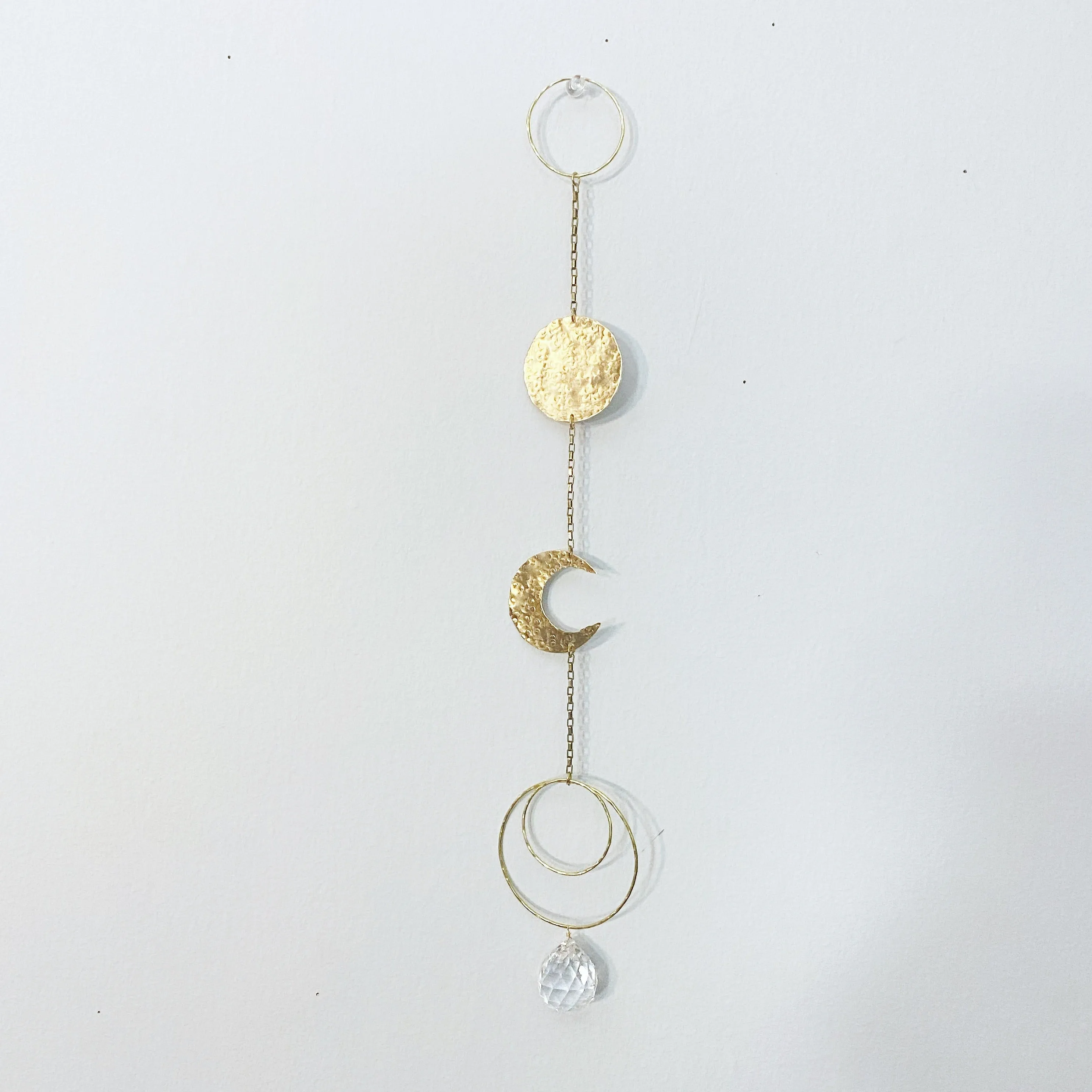 Sun Catcher; Brass Hammered Moon and Circle Drop