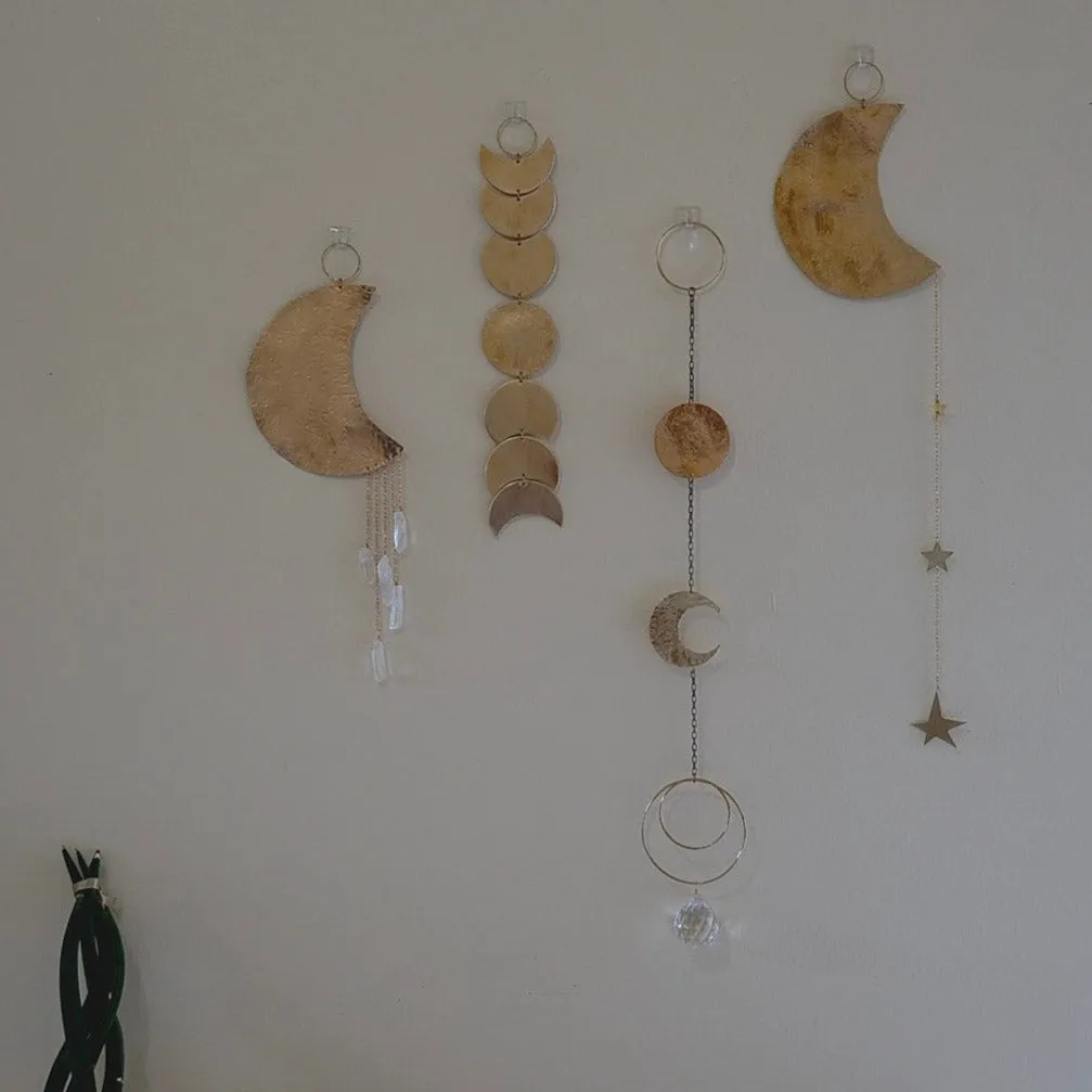 Sun Catcher; Brass Hammered Moon and Circle Drop