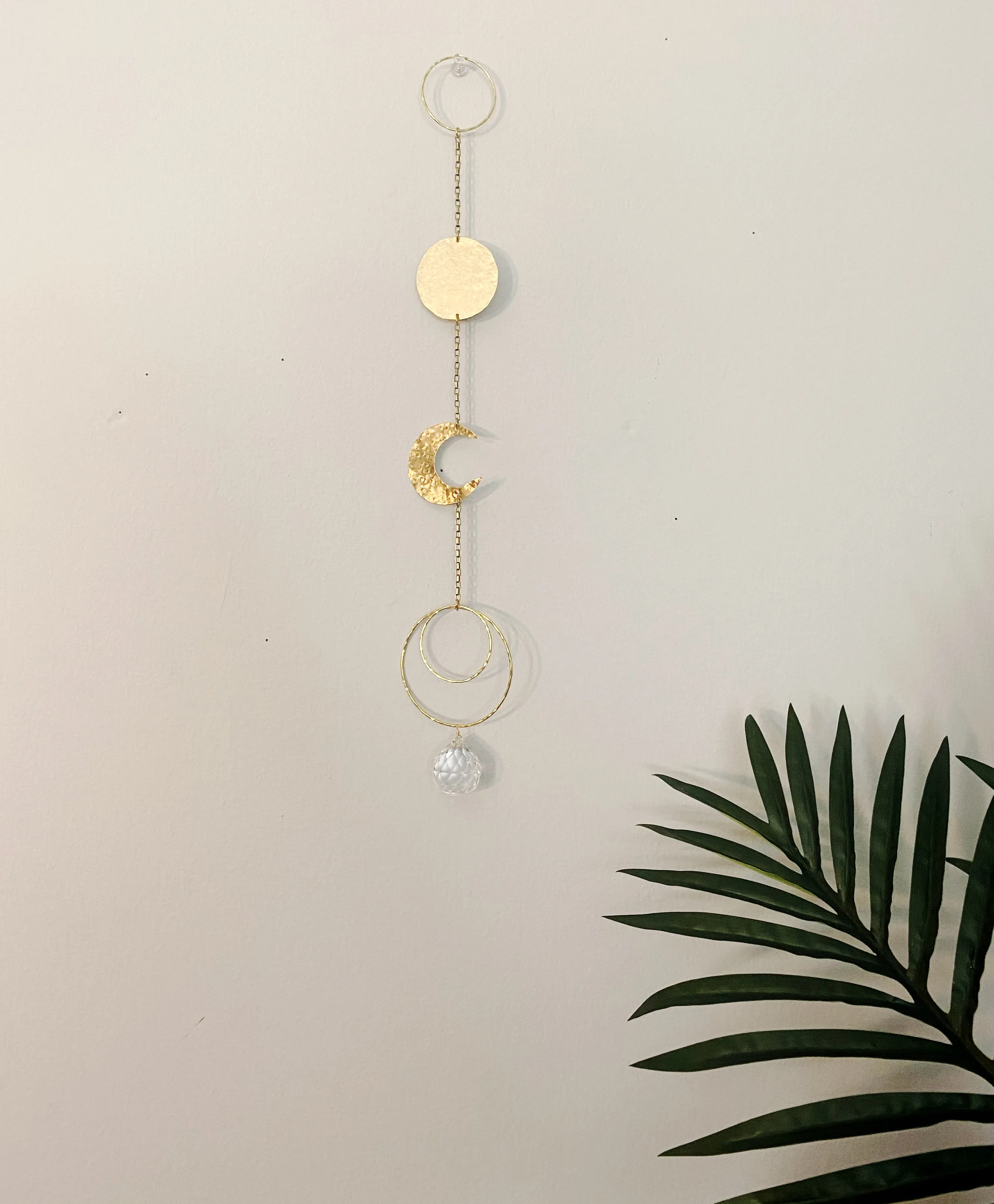 Sun Catcher; Brass Hammered Moon and Circle Drop