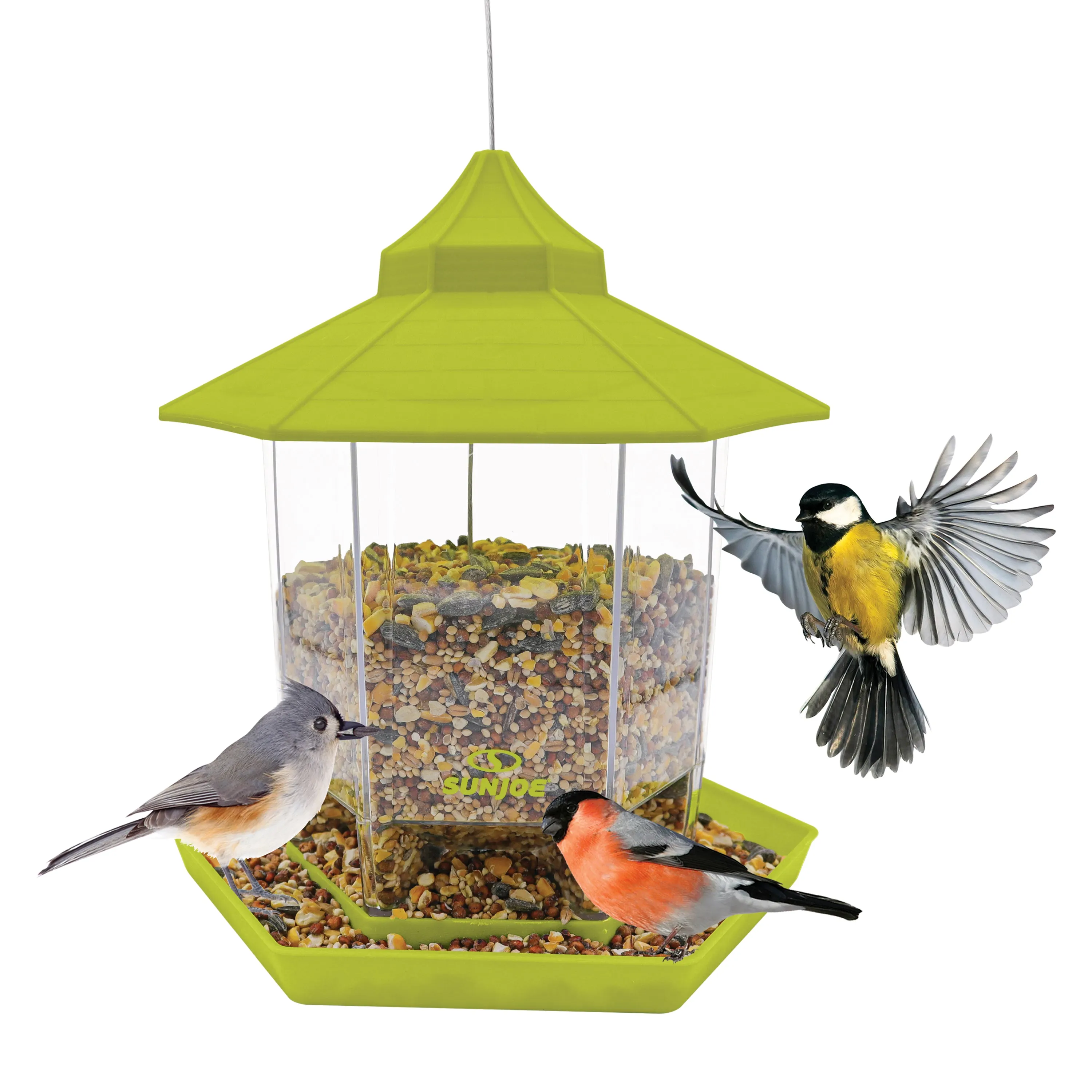 Sun Joe SJ-WBFX-GRN Wild Bird Hanging Feeder | w/ Roof and Hexagonal Shape | For Outdoor Garden & Yard Decoration | 2.15 Lbs Bird Seed & Nut Capacity (Green)