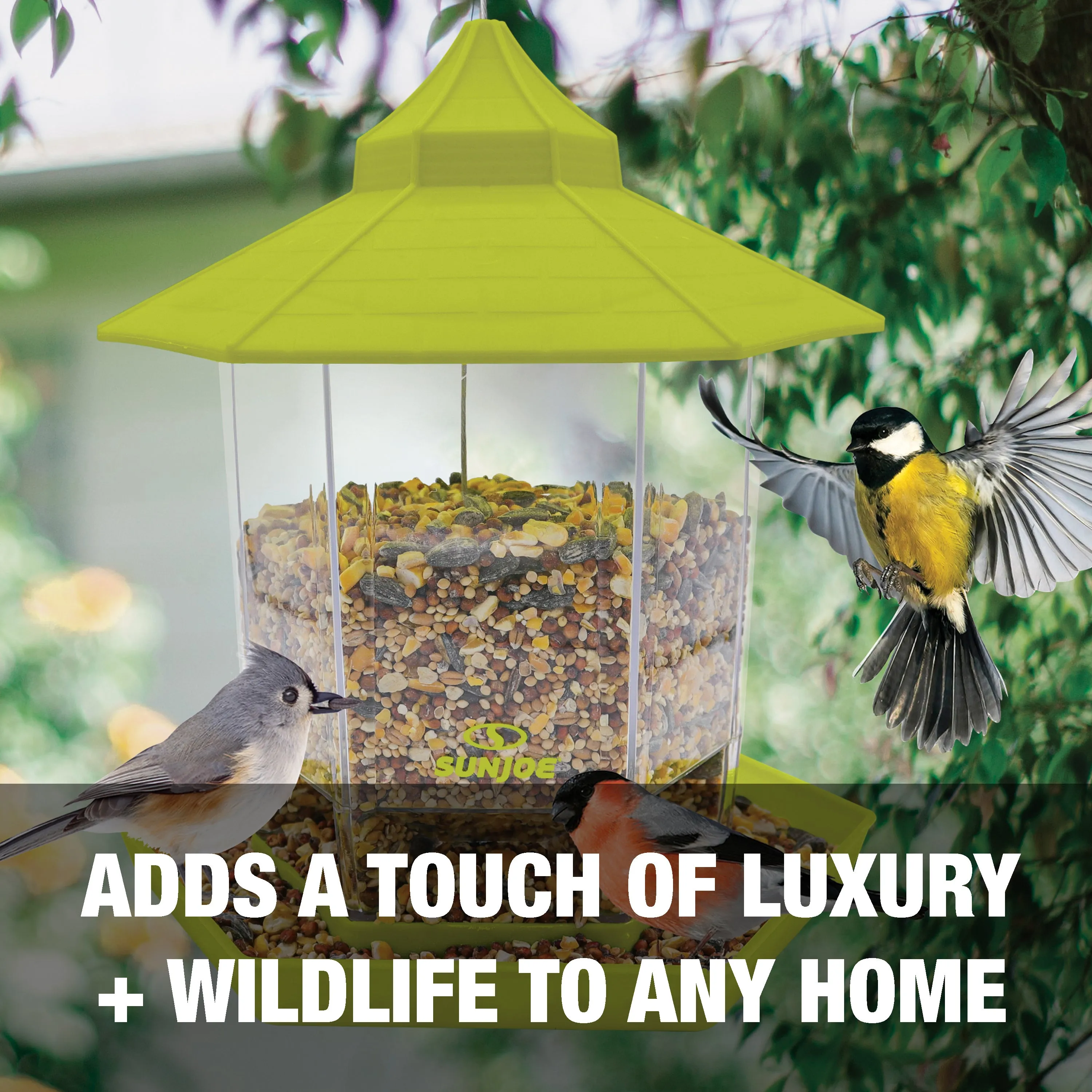 Sun Joe SJ-WBFX-GRN Wild Bird Hanging Feeder | w/ Roof and Hexagonal Shape | For Outdoor Garden & Yard Decoration | 2.15 Lbs Bird Seed & Nut Capacity (Green)