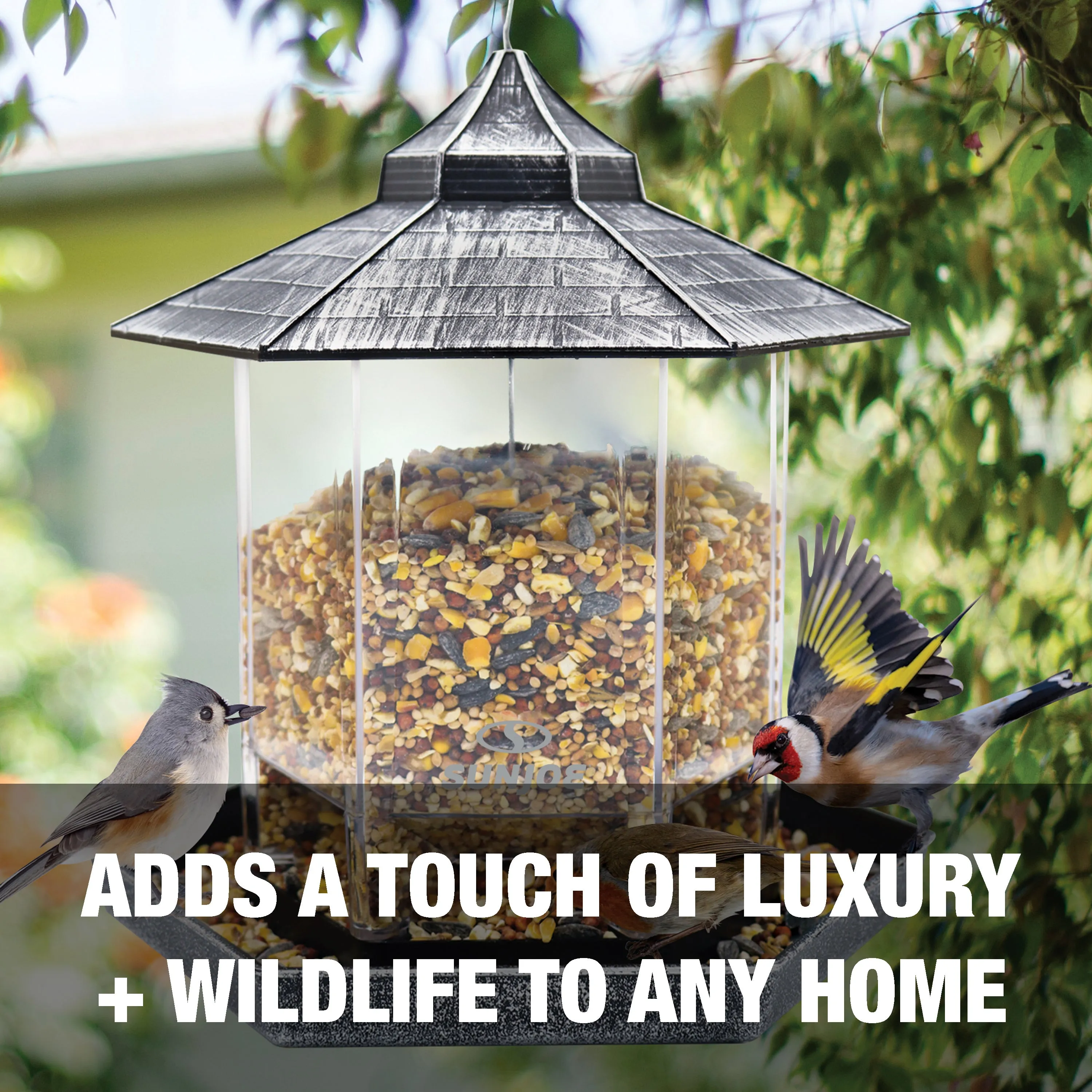 Sun Joe SJ-WBFX-SLV Wild Bird Hanging Feeder | w/ Roof and Hexagonal Shape | For Outdoor Garden & Yard Decoration | 2.15 Lbs Bird Seed & Nut Capacity (Silver)