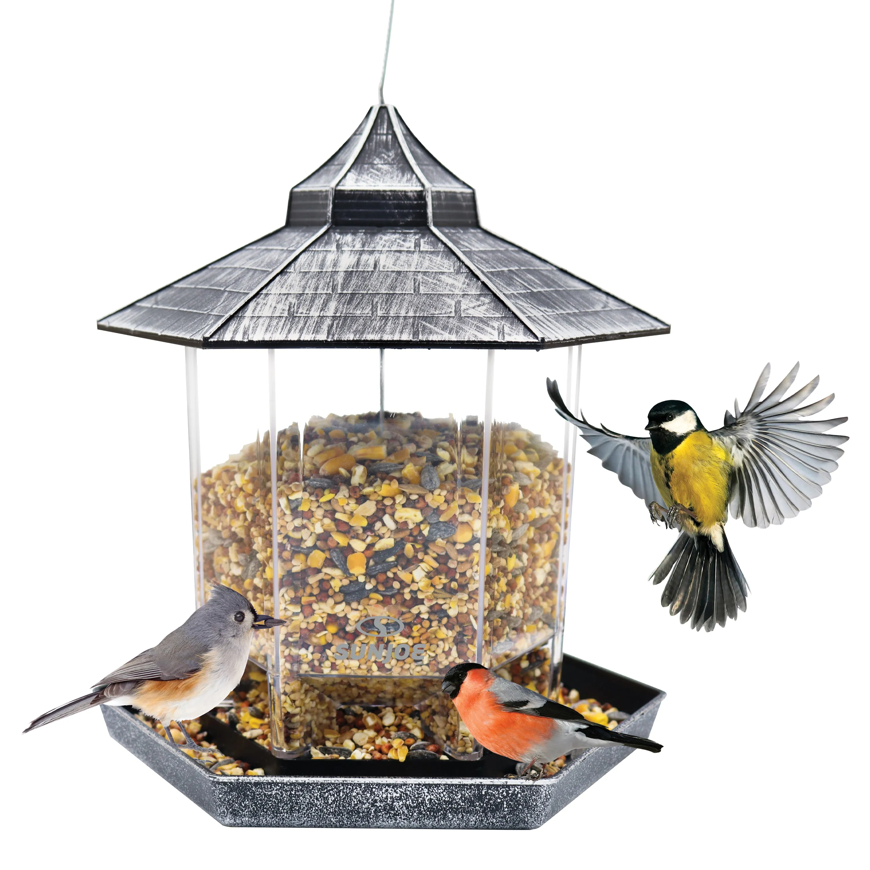 Sun Joe SJ-WBFX-SLV Wild Bird Hanging Feeder | w/ Roof and Hexagonal Shape | For Outdoor Garden & Yard Decoration | 2.15 Lbs Bird Seed & Nut Capacity (Silver)