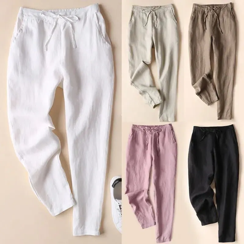 Thin Linen Pants for Women - Slim Fit, Ankle-Length Solid Pencil Pants, Elastic Waist