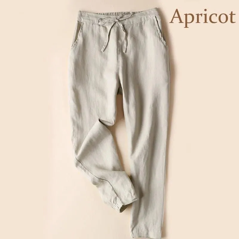 Thin Linen Pants for Women - Slim Fit, Ankle-Length Solid Pencil Pants, Elastic Waist