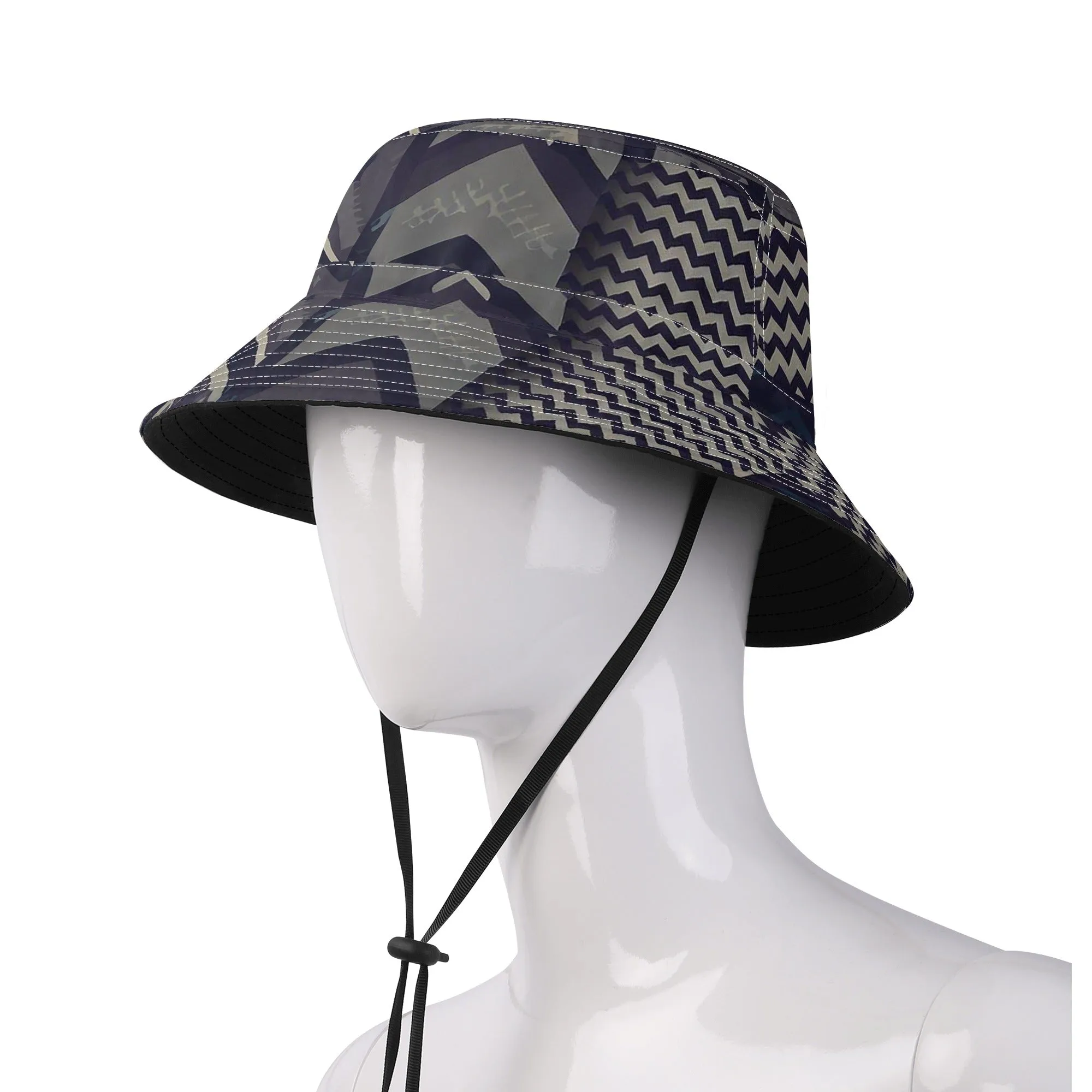 Vampire Art Grunge Unisex Bucket Fisherman's Hat - Herringbone Stripes Patchwork with Adjustable String