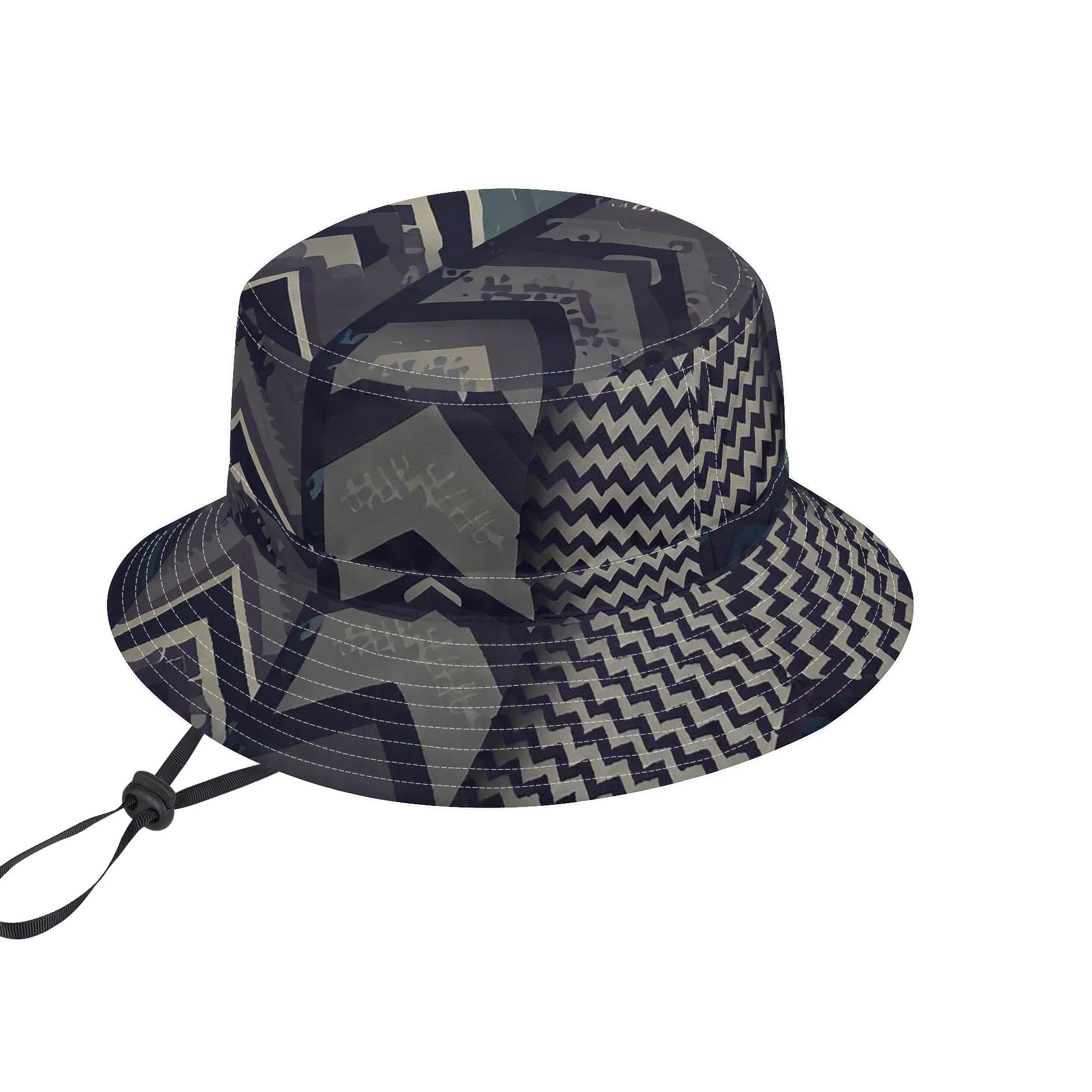 Vampire Art Grunge Unisex Bucket Fisherman's Hat - Herringbone Stripes Patchwork with Adjustable String