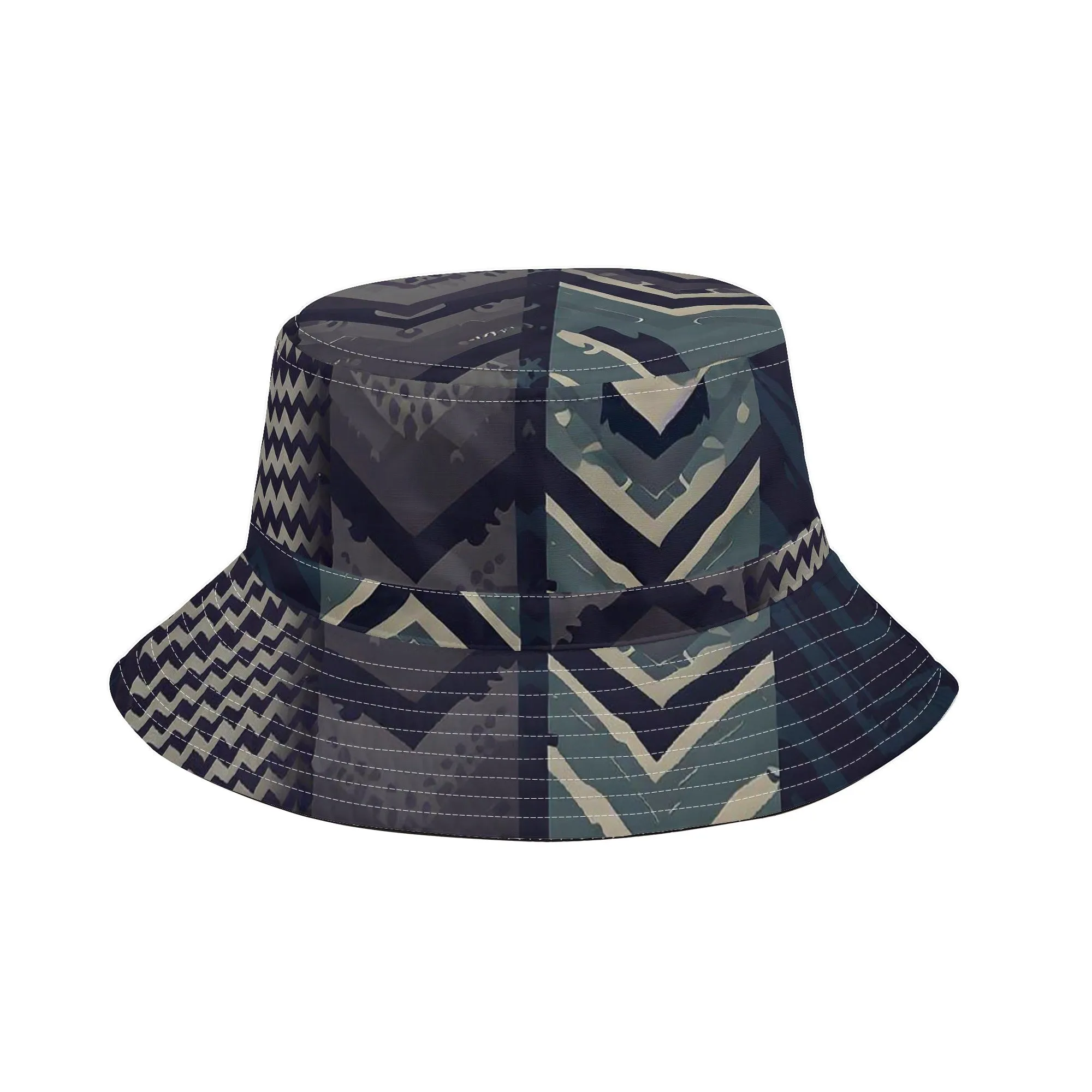 Vampire Art Grunge Unisex Bucket Fisherman's Hat - Herringbone Stripes Patchwork with Adjustable String