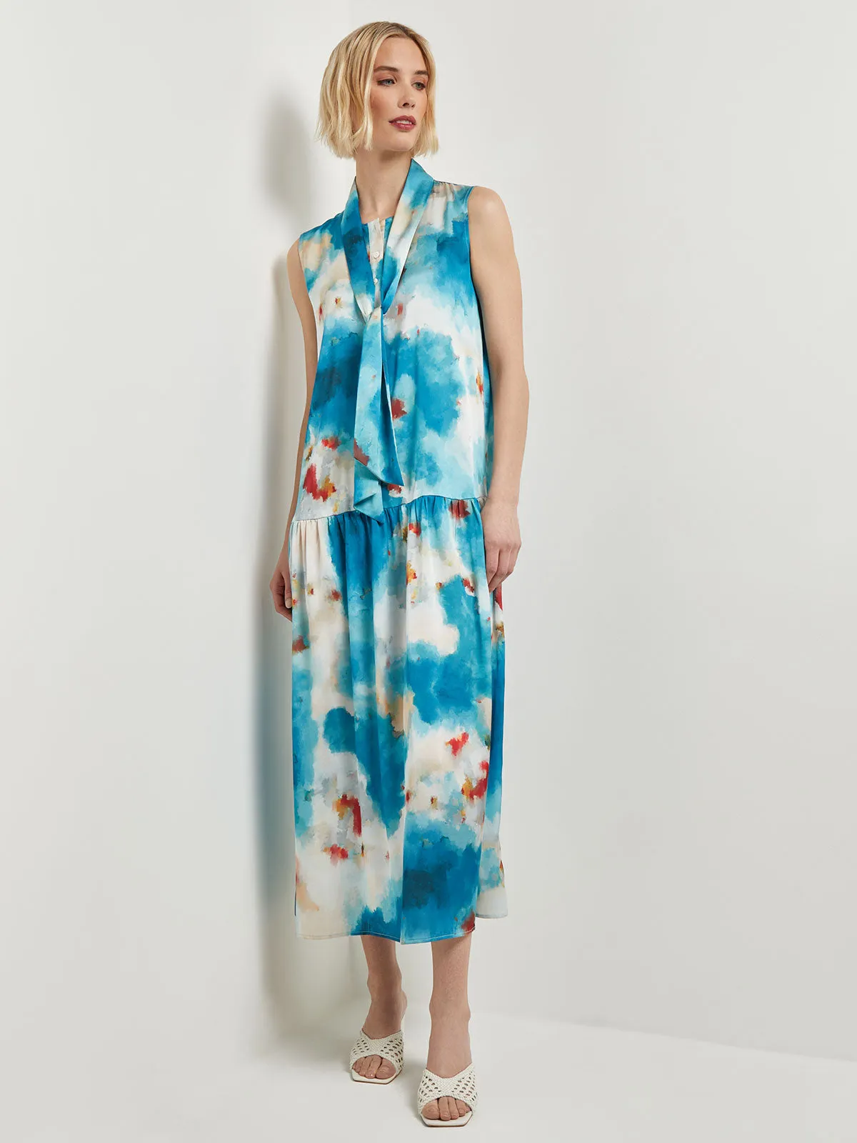 Watercolor Removable Shawl Collar Crepe Maxi Dress