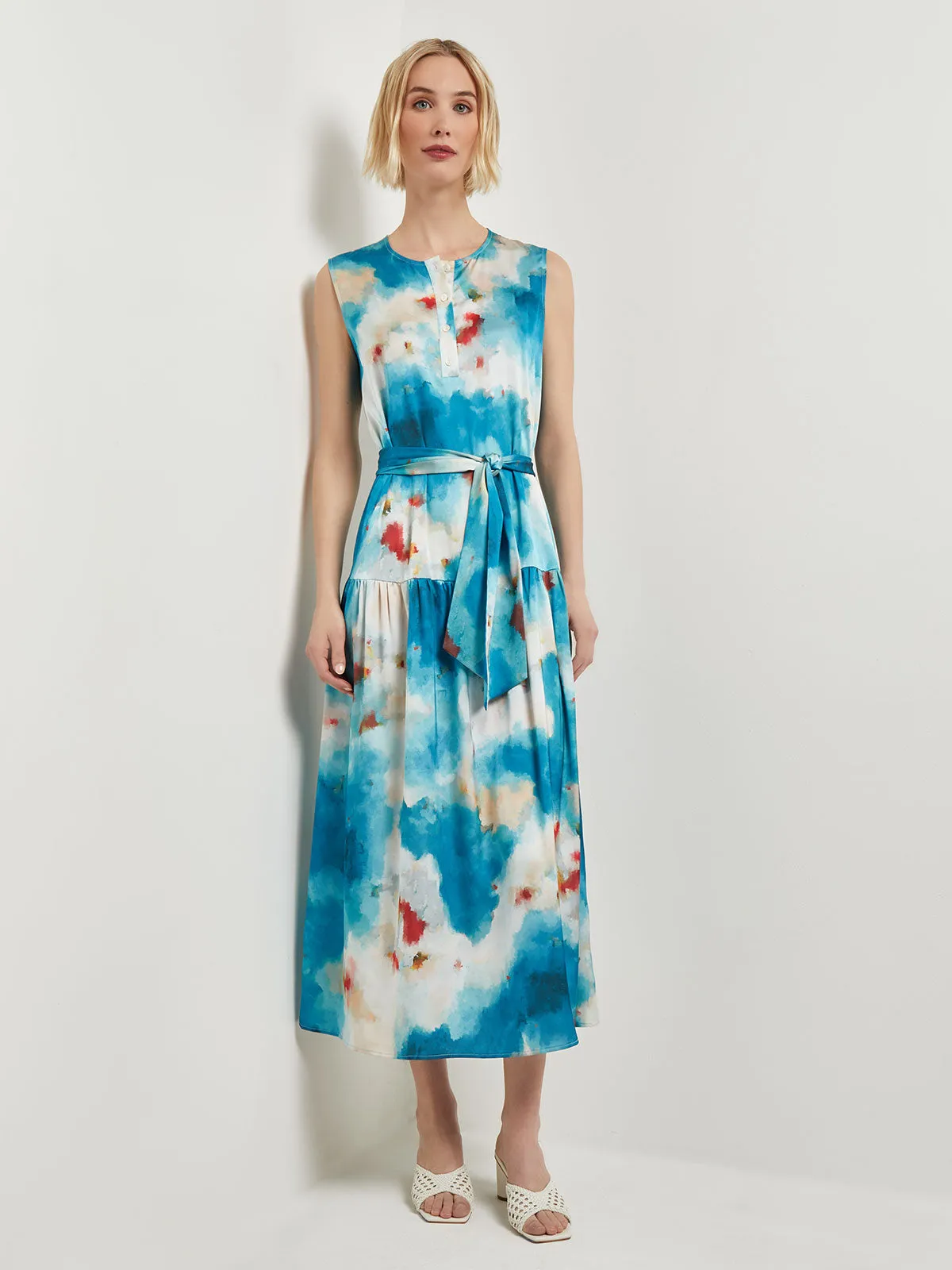 Watercolor Removable Shawl Collar Crepe Maxi Dress