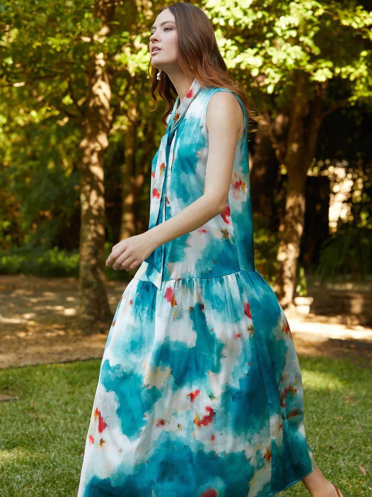 Watercolor Removable Shawl Collar Crepe Maxi Dress