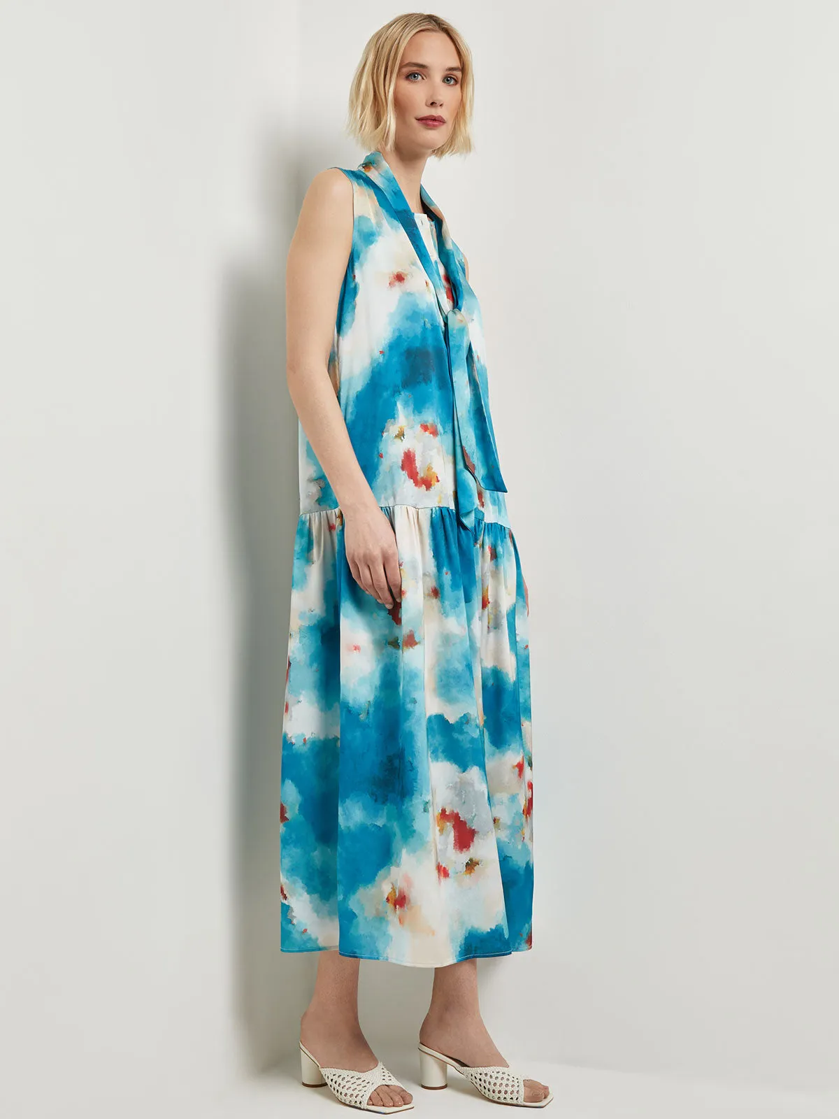 Watercolor Removable Shawl Collar Crepe Maxi Dress