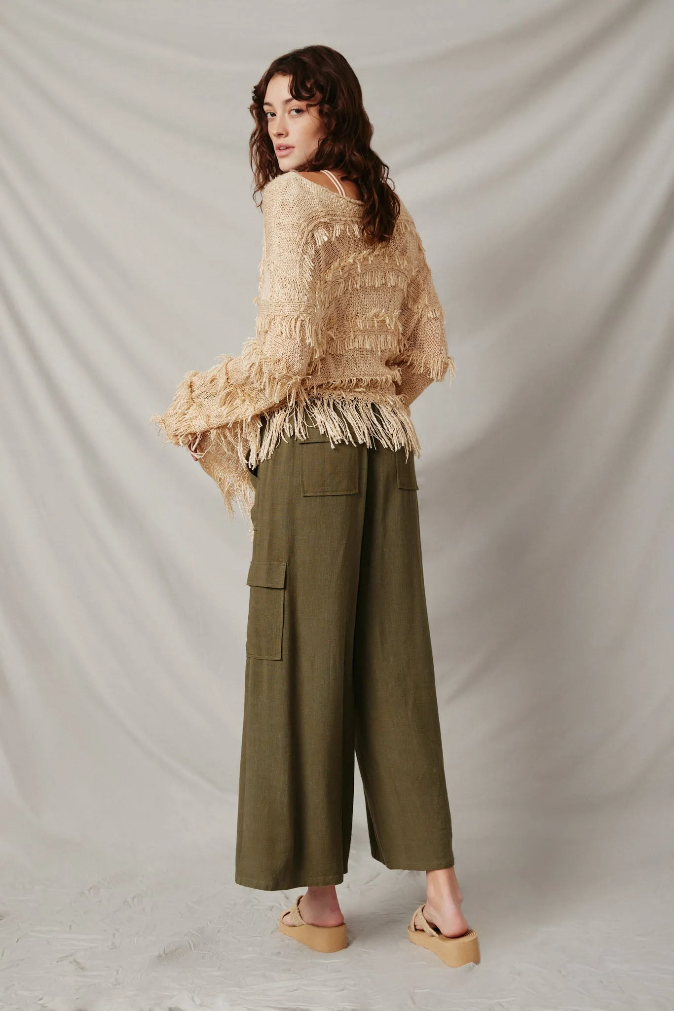 Wide Leg Button Closure Cargo Pants