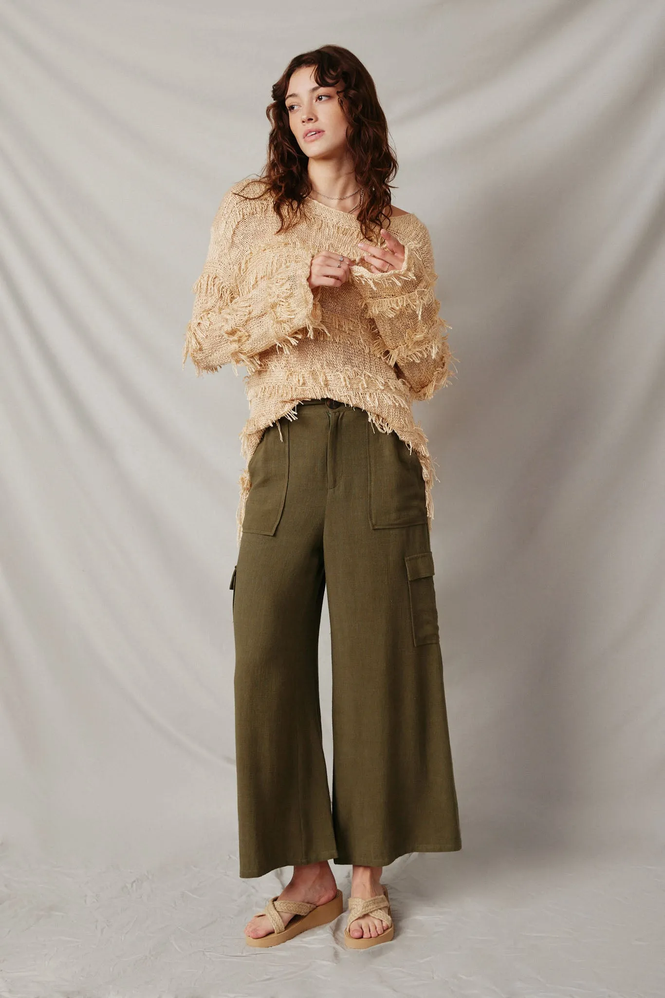 Wide Leg Button Closure Cargo Pants