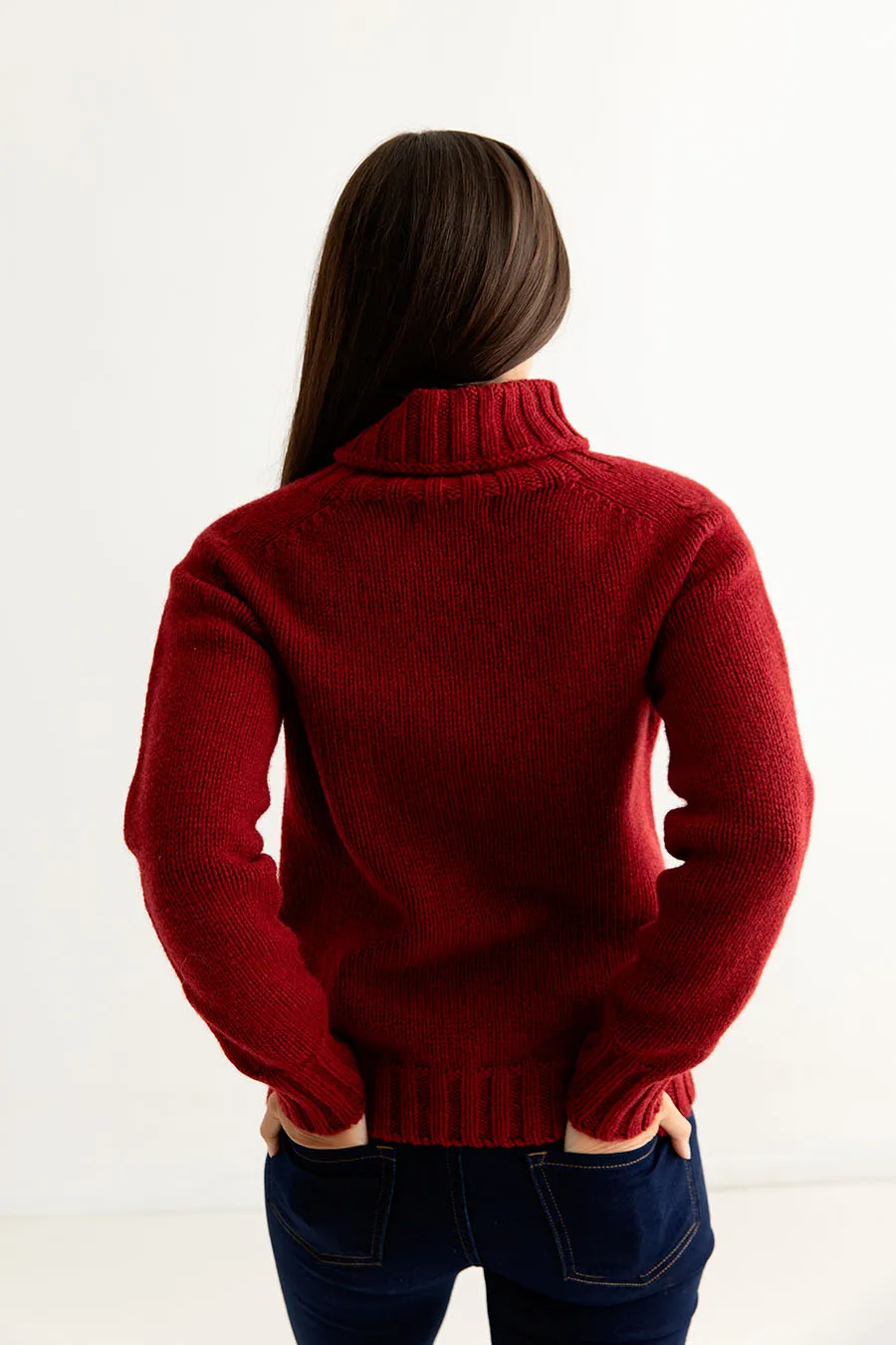 Womens Chunky Geelong Superfine Lambswool Polo Neck Jumper - Red